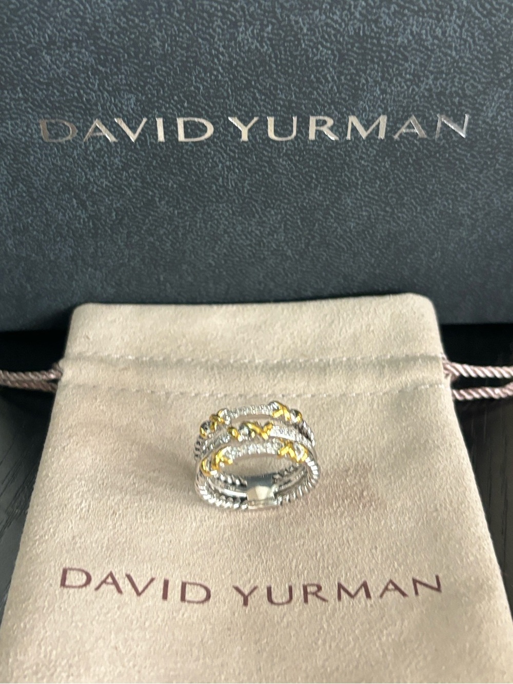 David Yurman Sterling Silver and Gold Accent Crystal Stackable Ring